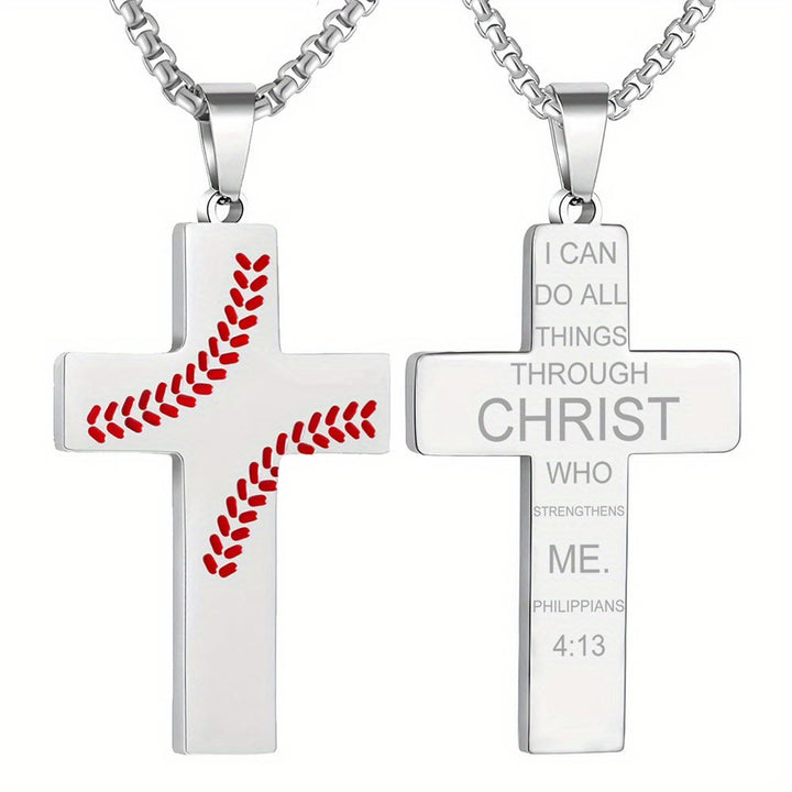 Christianartworkshop Baseball Stitch Cross Necklace: Athletic Devotion & Inspirational Quote - Silver - Phinippians 4:13 - image 10