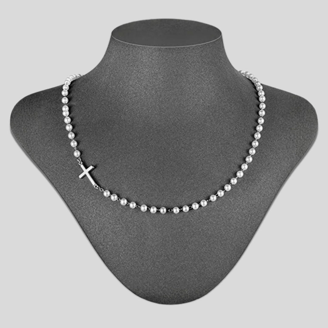 Christianartworkshop White Beads with Cross Necklace: Elegant Devotion & Faithful Grace - Silver - image 3