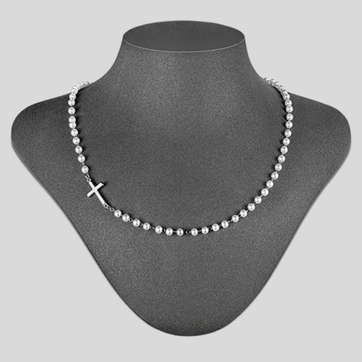 Christianartworkshop White Beads with Cross Necklace: Elegant Devotion & Faithful Grace - Silver - image 3