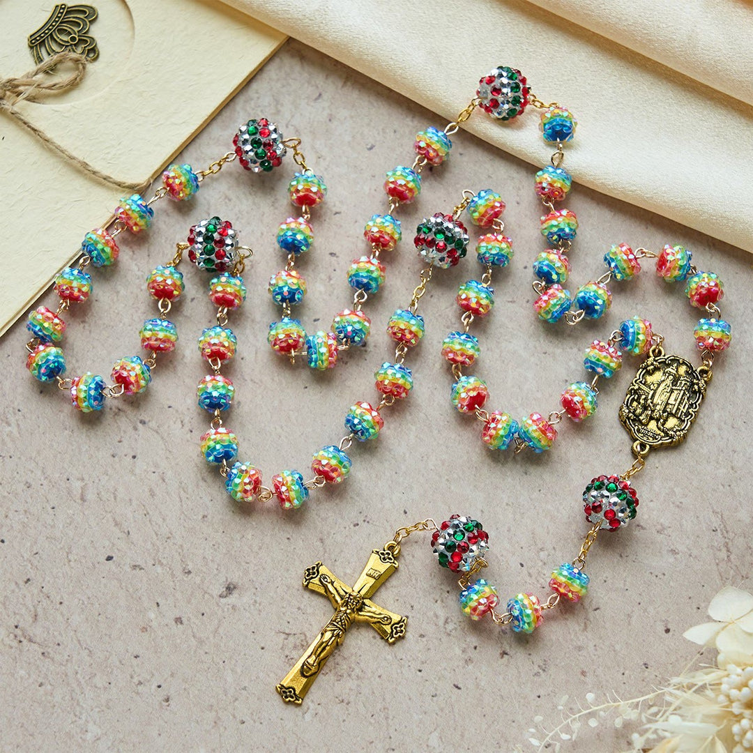Christianartworkshop Christmas Rainbow Beads Rosary with Golden Cross: Devotion & Vibrant Faith - Christmas Rainbow Beads Rosary - image 0
