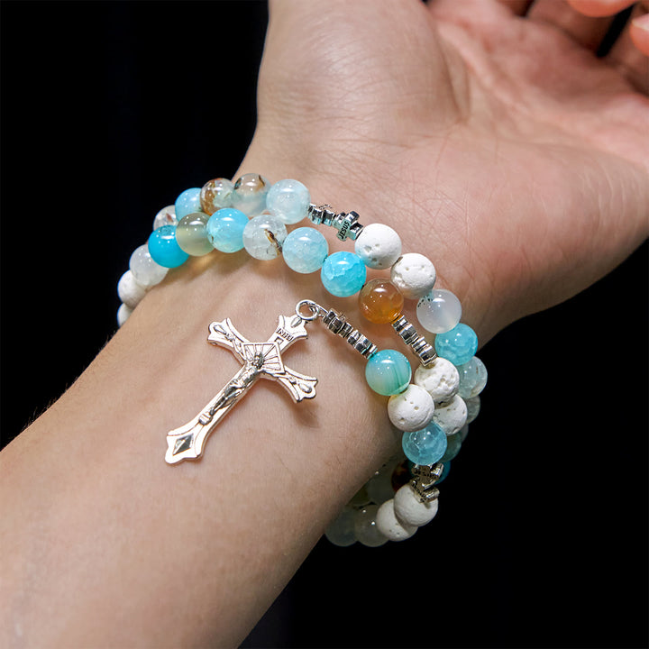 Christianartworkshop Gypsum & Blue Vein Agate Rosary Bracelet: Devotion & Heavenly Serenity - image 1