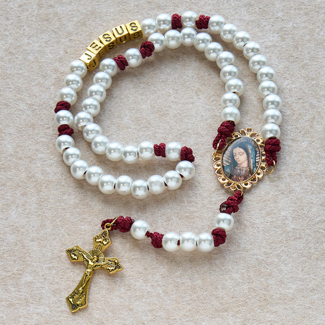 Christianartworkshop Graceful White Custom Rosary with Burgundy Paracord & Personalized JESUS Letters - image 5