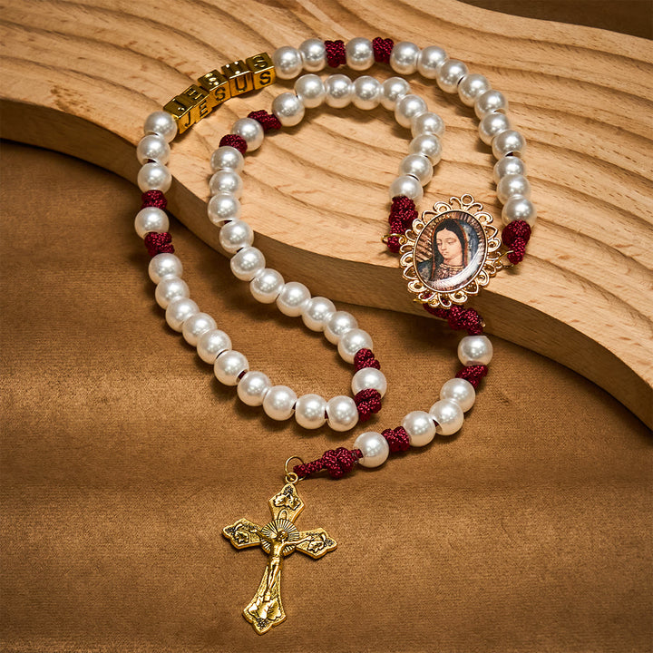 Christianartworkshop Graceful White Custom Rosary with Burgundy Paracord & Personalized JESUS Letters - image 6
