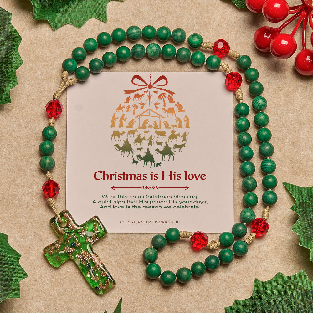 Christianartworkshop Christmas Gift: Green Patterned Stone Rosary for Devout Prayer: Green-Golden Glass Cross - Christmas is His Love - image 2