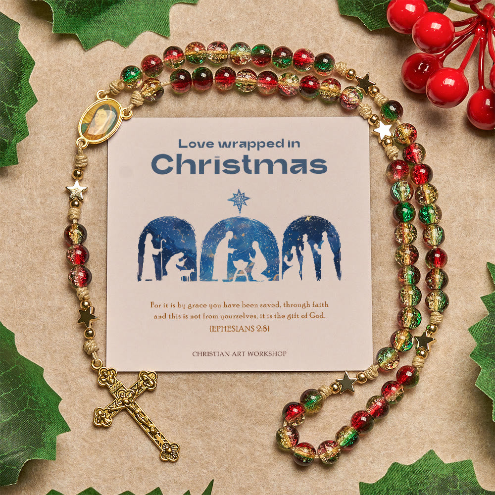 Christianartworkshop Christmas Gift: Christmas Glass Bead Rosary: Our Lady of Guadalupe Medal & Golden Crucifix - Love Wrapped in Christmas - image 1