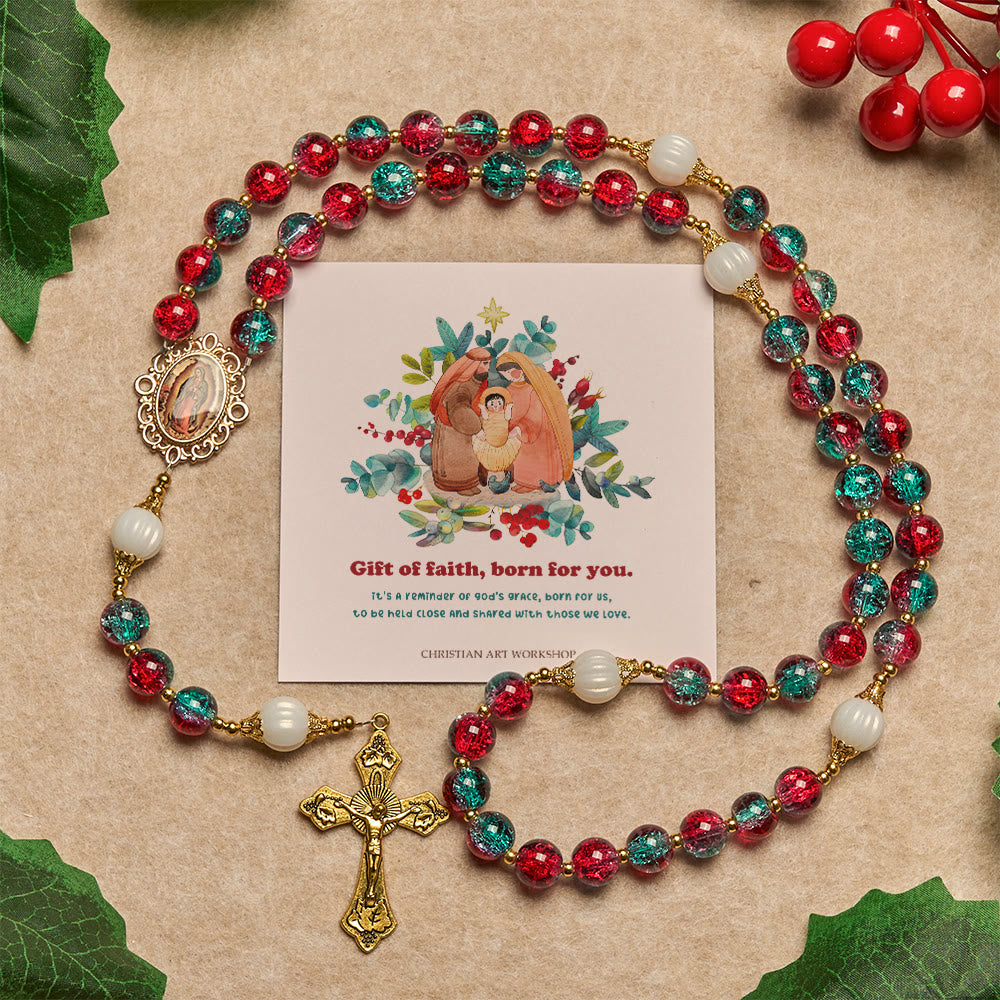 Christianartworkshop Christmas Gift: Christmas Red-Blue Glass Bead Rosary: Our Lady Medal & Ornate Cross - Gift of Faith Born for You - image 3