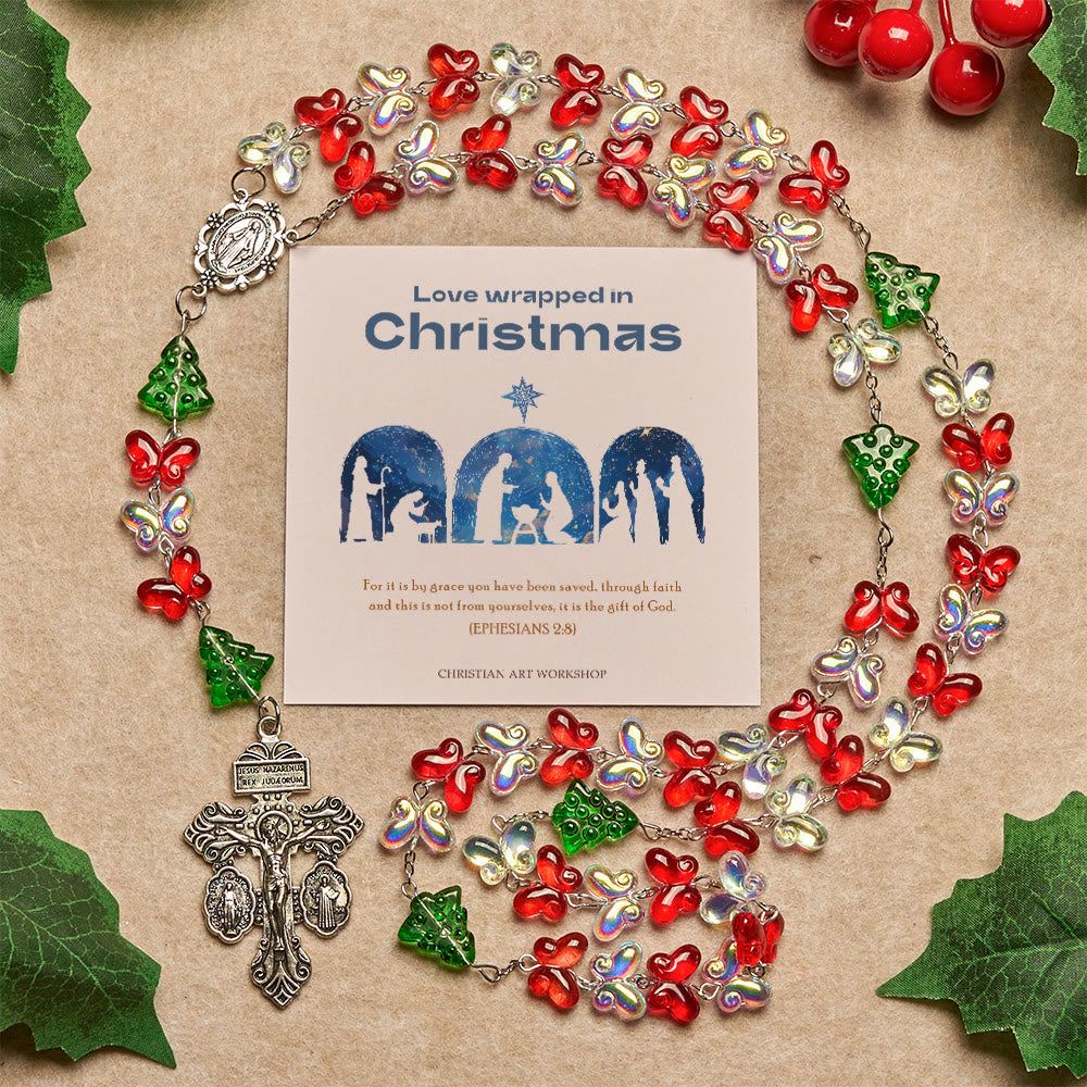 Christianartworkshop Christmas Gift: Blessed Christmas Tree Rosary with Crystal Butterfly Beads - Love Wrapped in Christmas - image 0