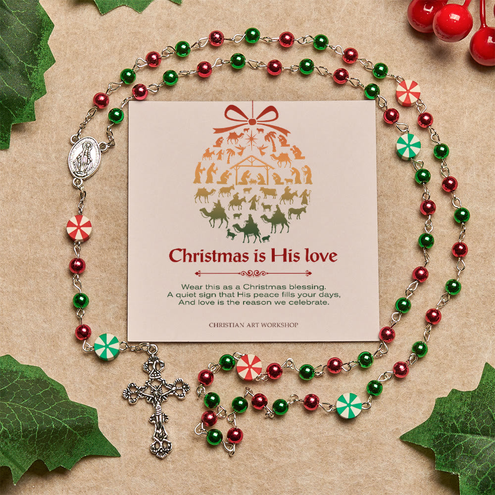 Christianartworkshop Christmas Gift: Festive Christmas Rosary: Red - Green Beads, Candy Shapes & Crucifix - Christmas is His Love - image 0