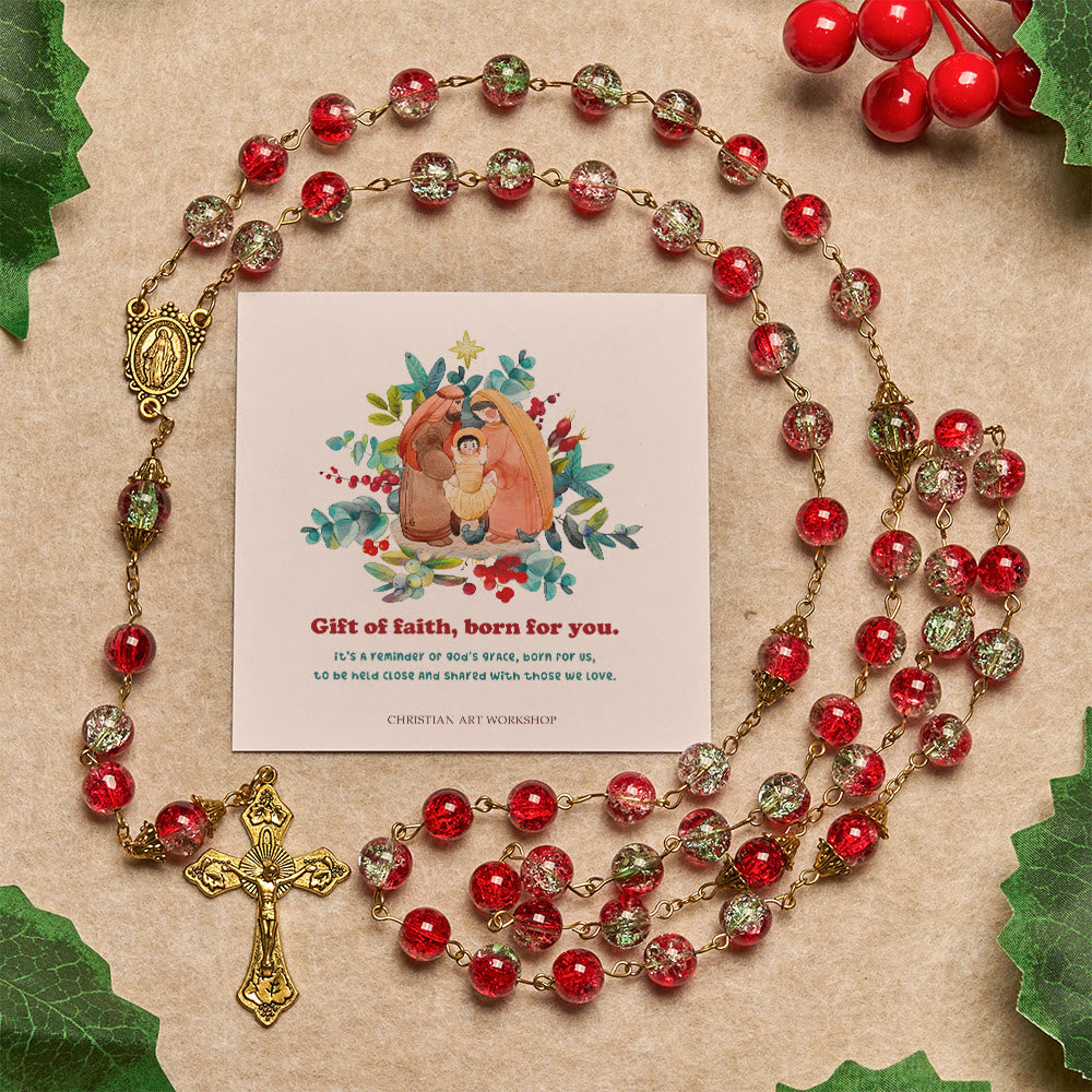 Christianartworkshop Christmas Gift: Christmas - Themed Red Bead Rosary with Golden Crucifix & Madonna Medal - Gift of Faith Born for You - image 0