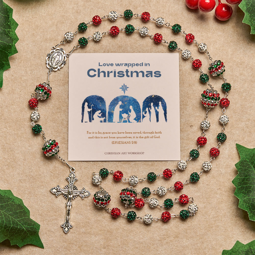 Christianartworkshop Christmas Gift: Crystal-Covered Tricolor Beads & Miraculous Medal Glam Sparkling Rosary - Love Wrapped in Christmas - image 1