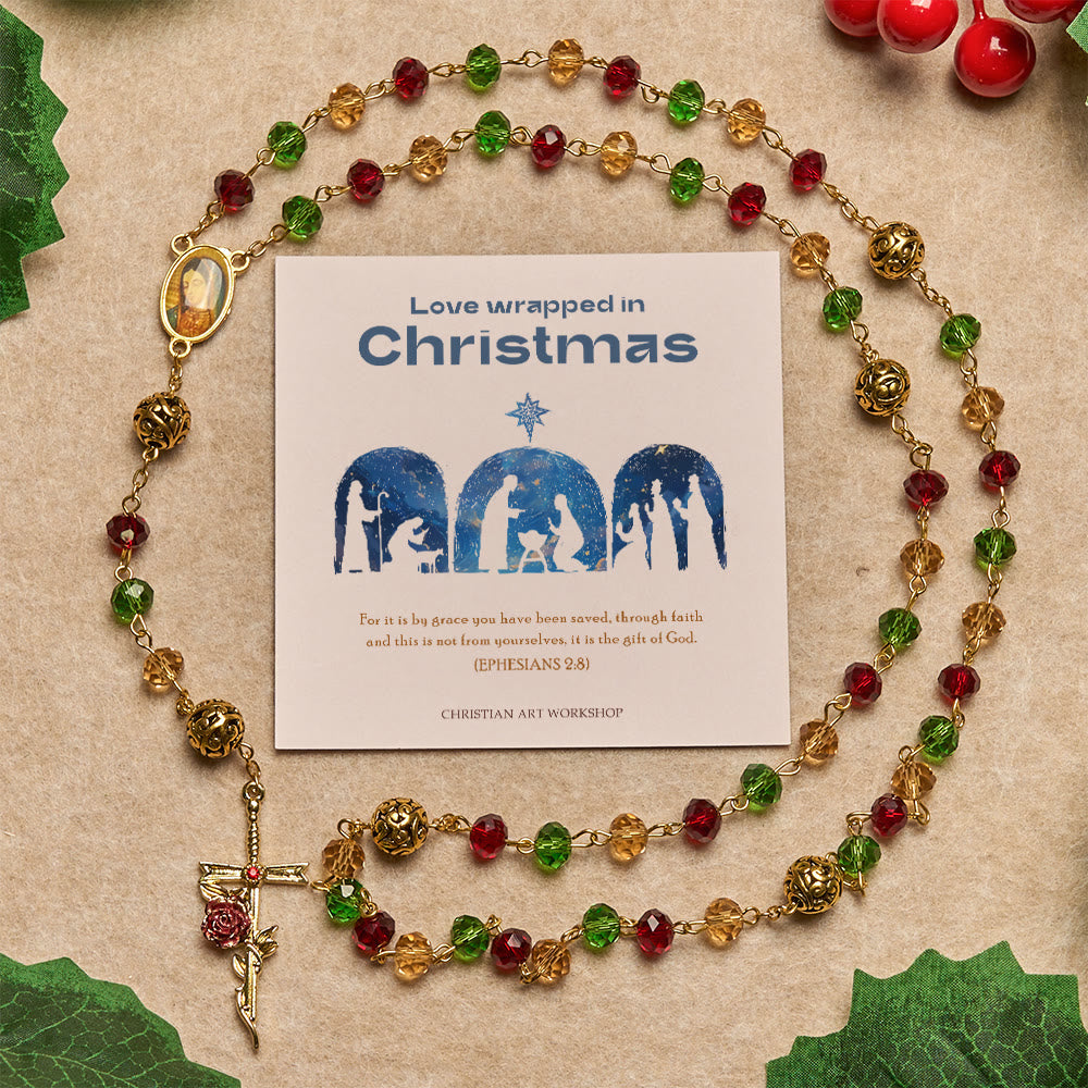 Christianartworkshop Christmas Gift: Vintage Red Green Faceted Beads Christmas Rosary with Our Lady & Rose Crucifix - Love Wrapped in Christmas - image 1