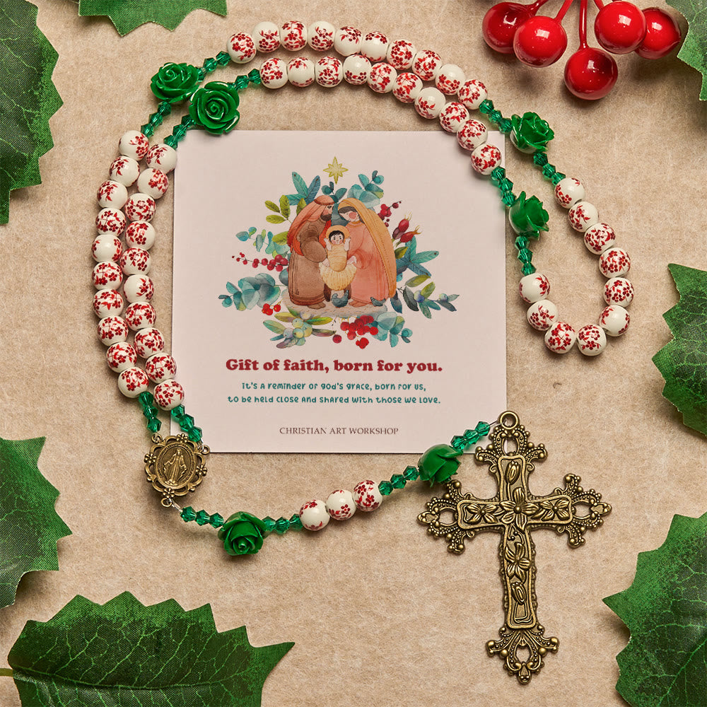 Christianartworkshop Christmas Gift: Red Floral Ceramic Beads Rosary with Green Rose: The Garden of Mary's Love - Gift of Faith Born for You - image 3