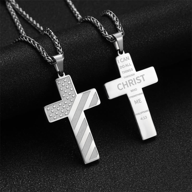 Christianartworkshop Tri-Color Cross Necklace with American Flag & Scripture: A Patriotic Expression - Silver - Phinippians 4:13 - image 23