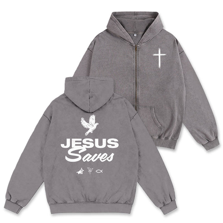 Christianartworkshop Dove & Cross Jesus Saves Hooded Jacket: Spiritual Comfort for Every Day - Grey - 2XL - image 0