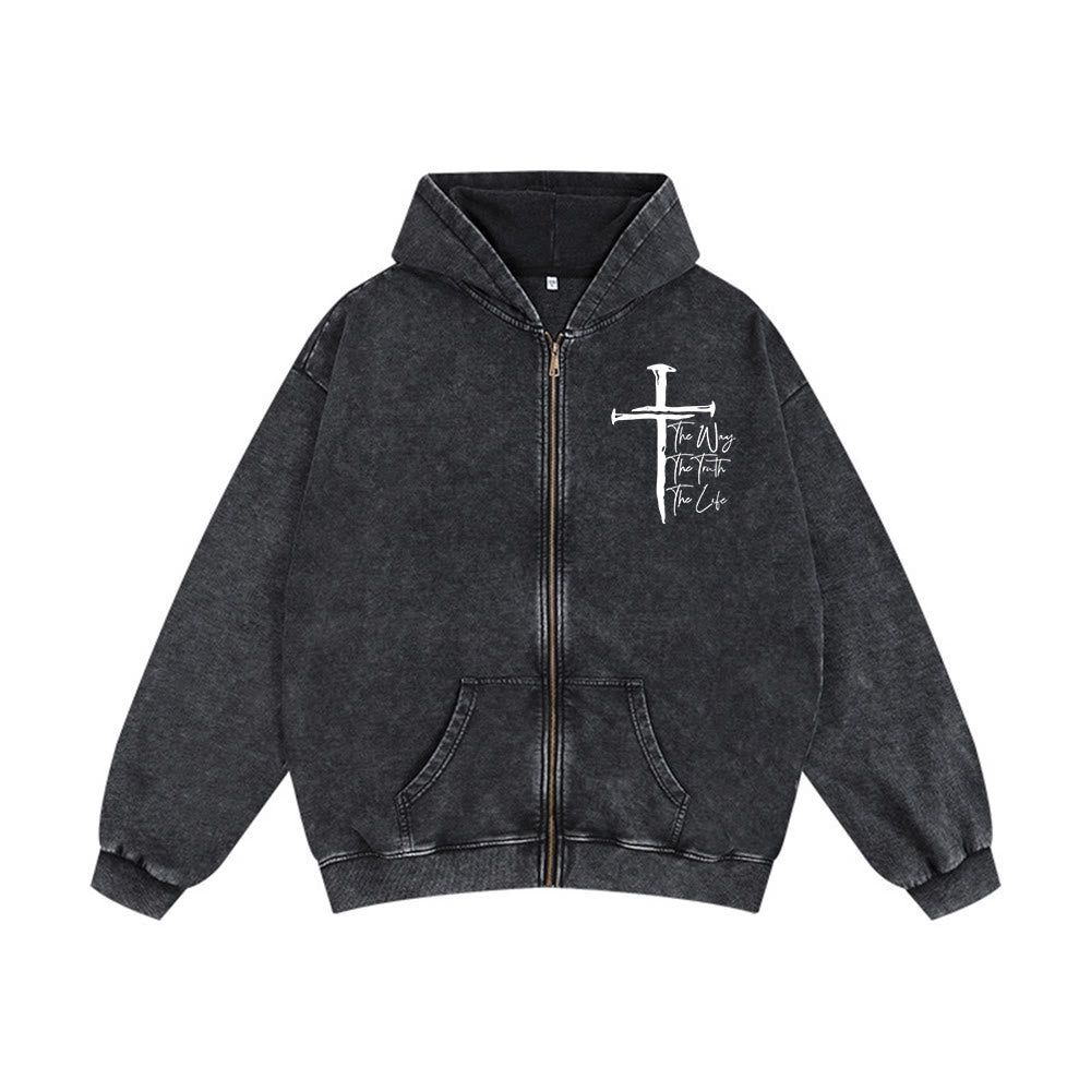 Christianartworkshop Faith Path Cross Hooded Jacket: The Way The Truth The Life in Casual Wear - Black - 2XL - image 4