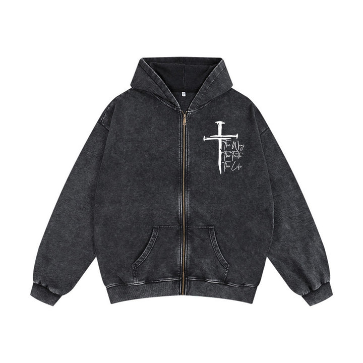 Christianartworkshop Faith Path Cross Hooded Jacket: The Way The Truth The Life in Casual Wear - Black - 2XL - image 4