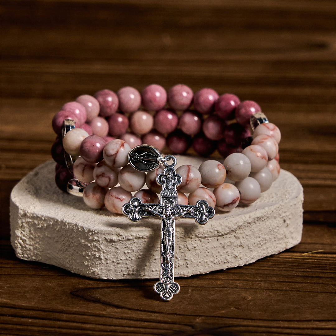 Christianartworkshop Rosewood Grain & Matte Web Stone Memory Wire Rosary Bracelet with Marian Medals - image 2