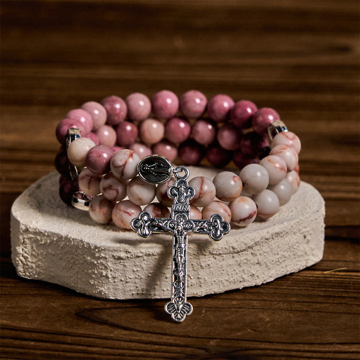 Christianartworkshop Rosewood Grain & Matte Web Stone Memory Wire Rosary Bracelet with Marian Medals - image 2