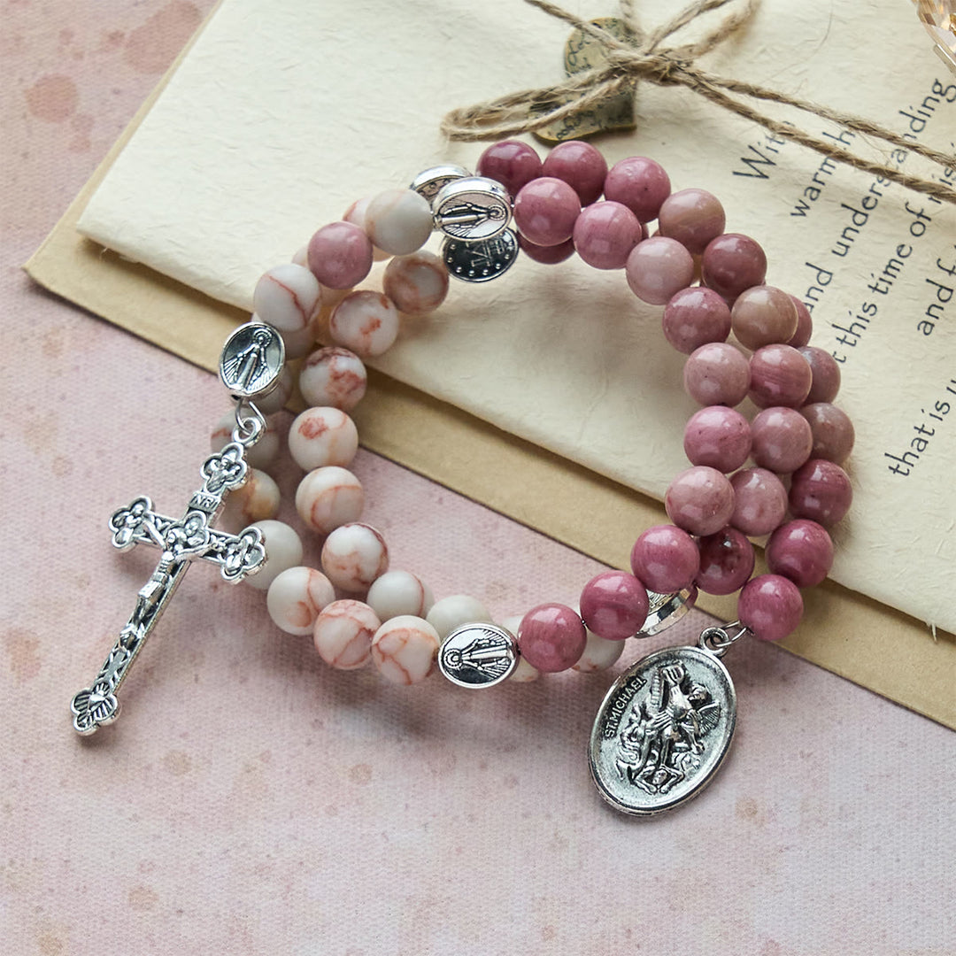 Christianartworkshop Rosewood Grain & Matte Web Stone Memory Wire Rosary Bracelet with Marian Medals - image 4