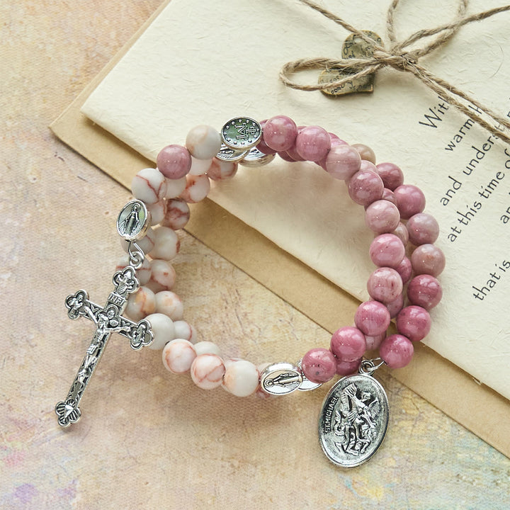 Christianartworkshop Rosewood Grain & Matte Web Stone Memory Wire Rosary Bracelet with Marian Medals - image 5