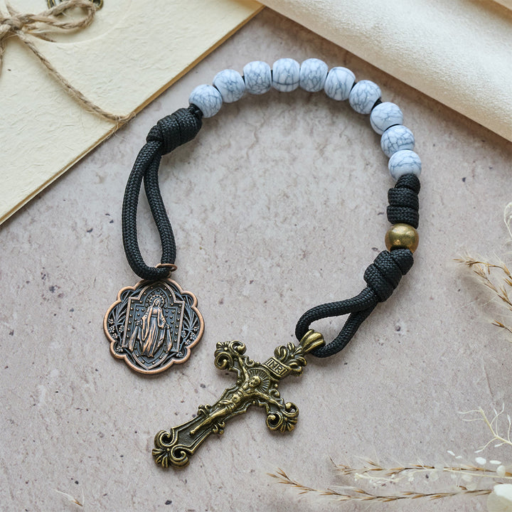 Christianartworkshop Matte White Crackle Beads Pocket Rosary with Brass Sacred Cross - Pocket Rosary - image 0