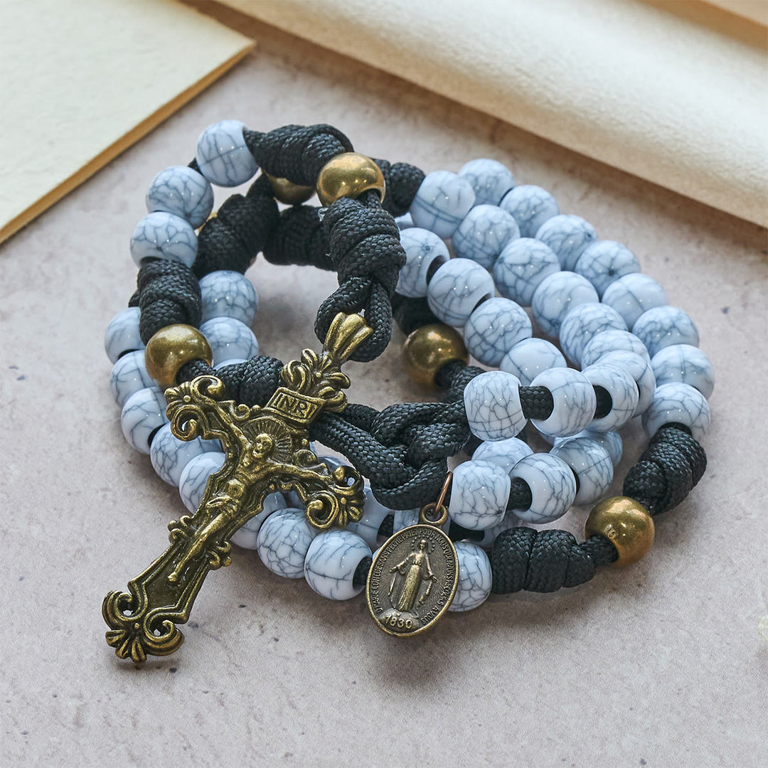 Christianartworkshop Matte White Crackle Beads with Ornate Brass Crucifix Rosary, Pocket Rosary - image 6