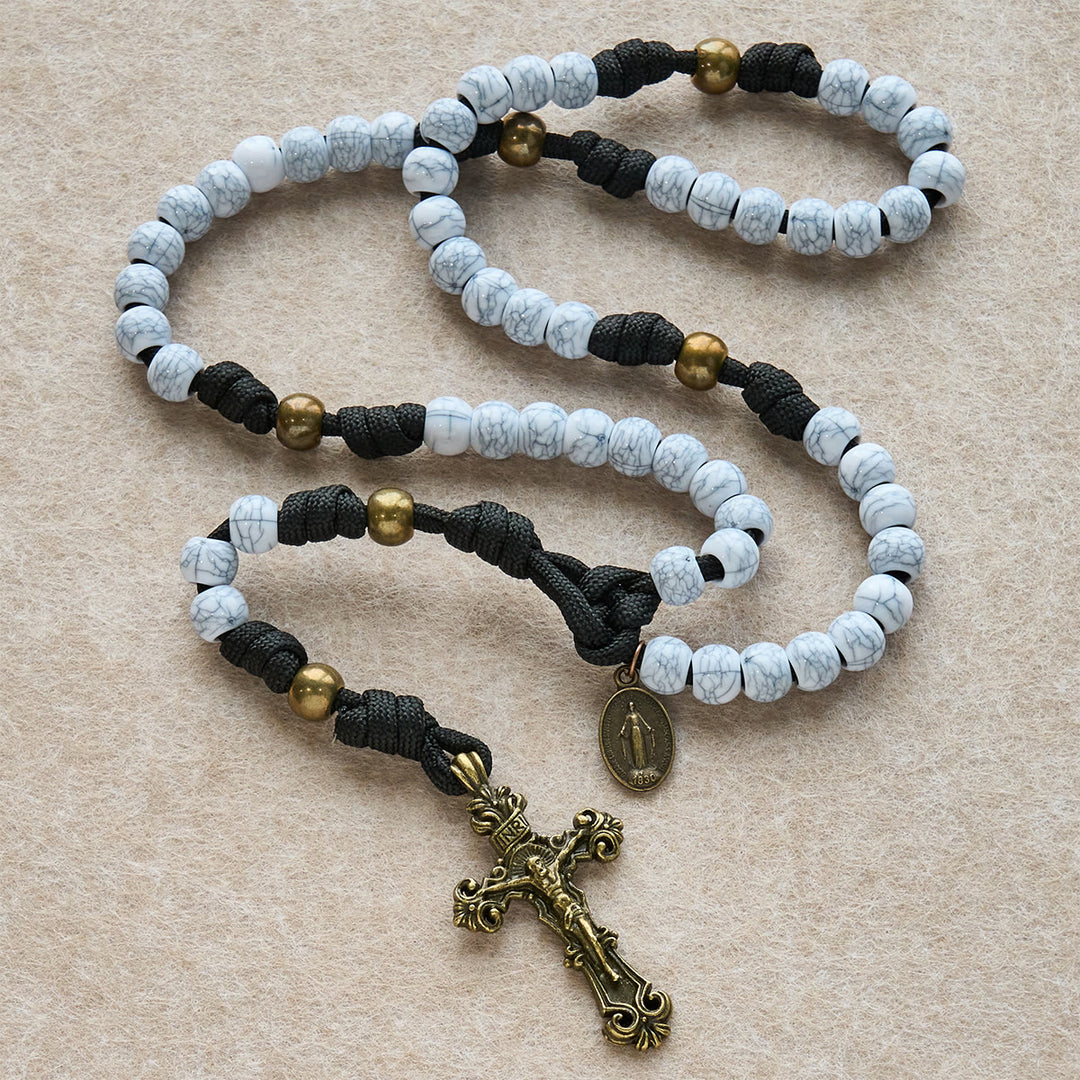 Christianartworkshop Matte White Crackle Beads with Ornate Brass Crucifix Rosary, Pocket Rosary - image 3