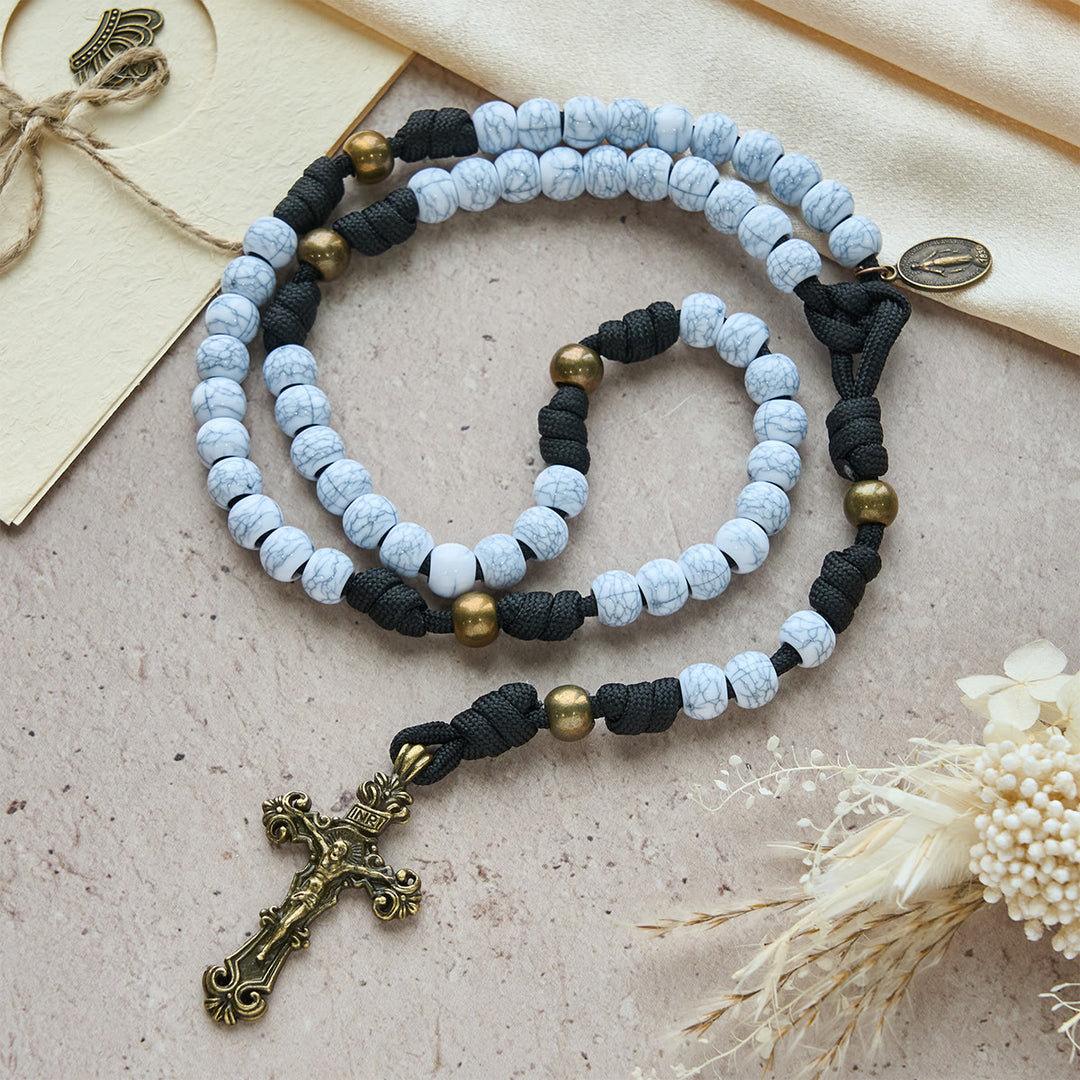 Christianartworkshop Matte White Crackle Beads with Ornate Brass Crucifix Rosary, Pocket Rosary - image 4