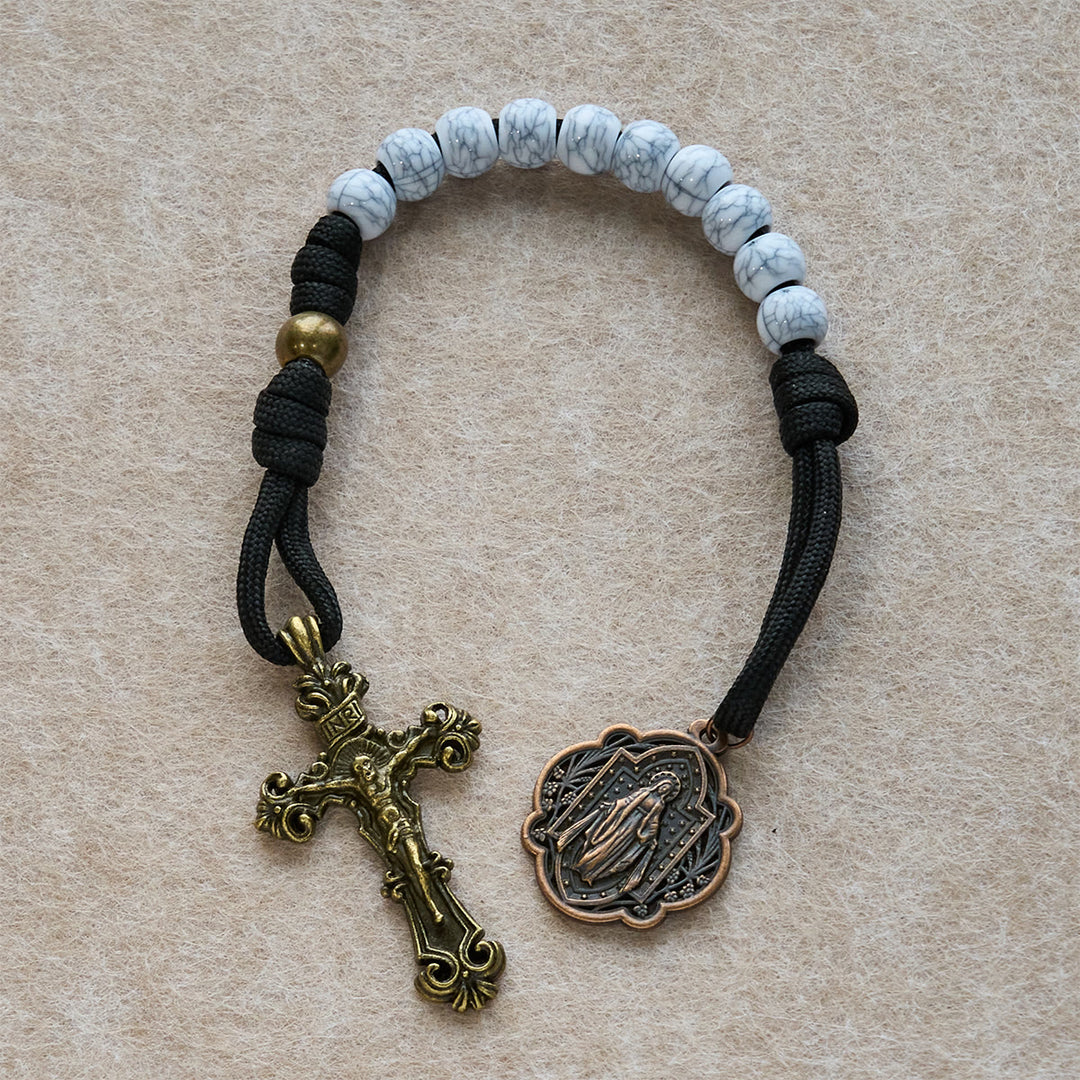 Christianartworkshop Matte White Crackle Beads with Ornate Brass Crucifix Rosary, Pocket Rosary - image 14