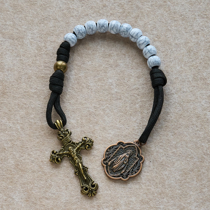 Christianartworkshop Matte White Crackle Beads with Ornate Brass Crucifix Rosary, Pocket Rosary - image 14