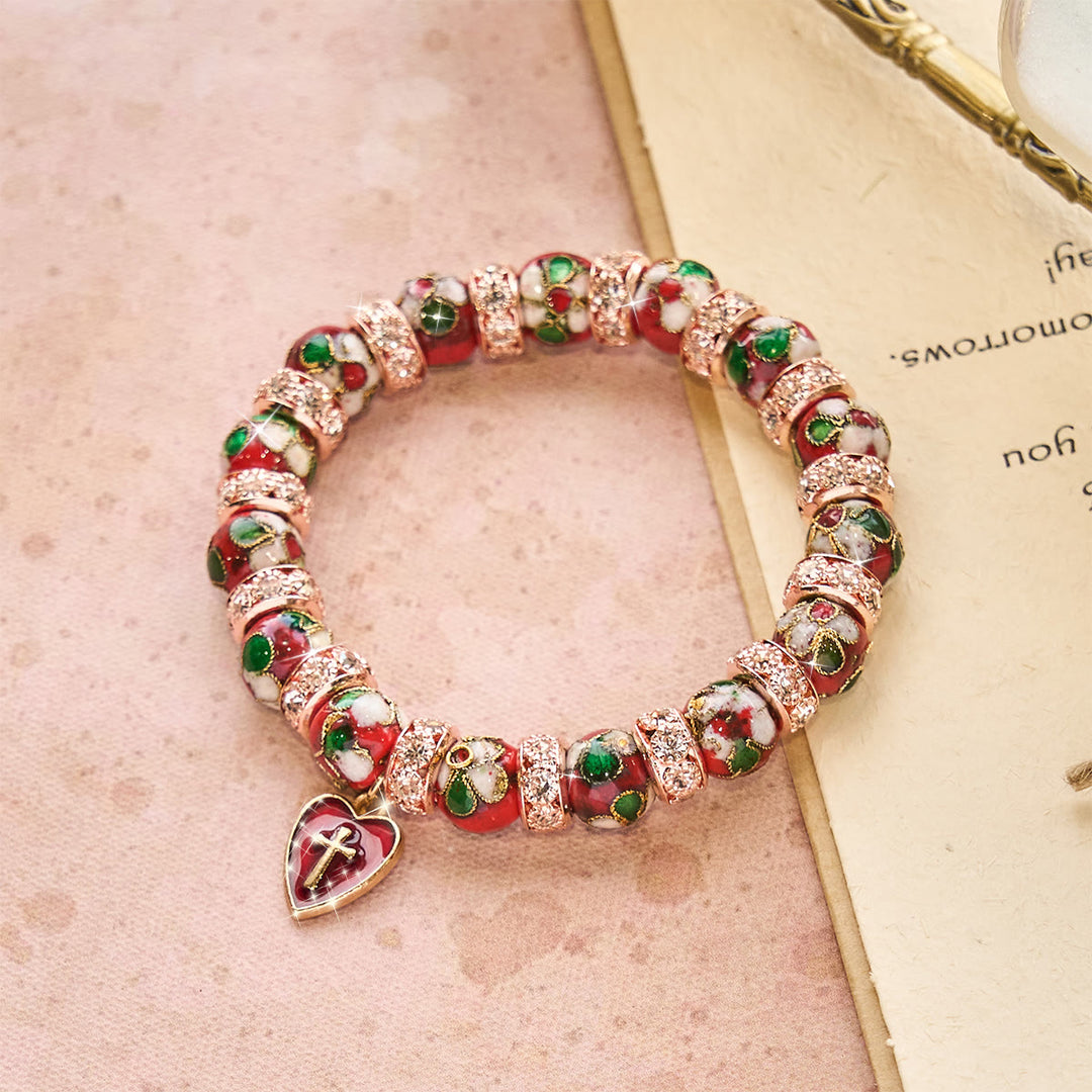 Christianartworkshop Enamel Craft Red Bead Bracelet with Cross Heart Pendant - Wrist Circumference: 8.86"/22.5cm - image 0