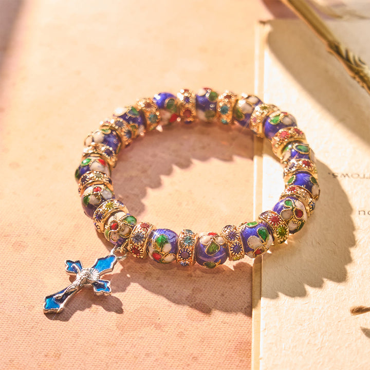 Christianartworkshop Detailed Blue Cloisonné Bead Bracelet with Crucifix - image 4