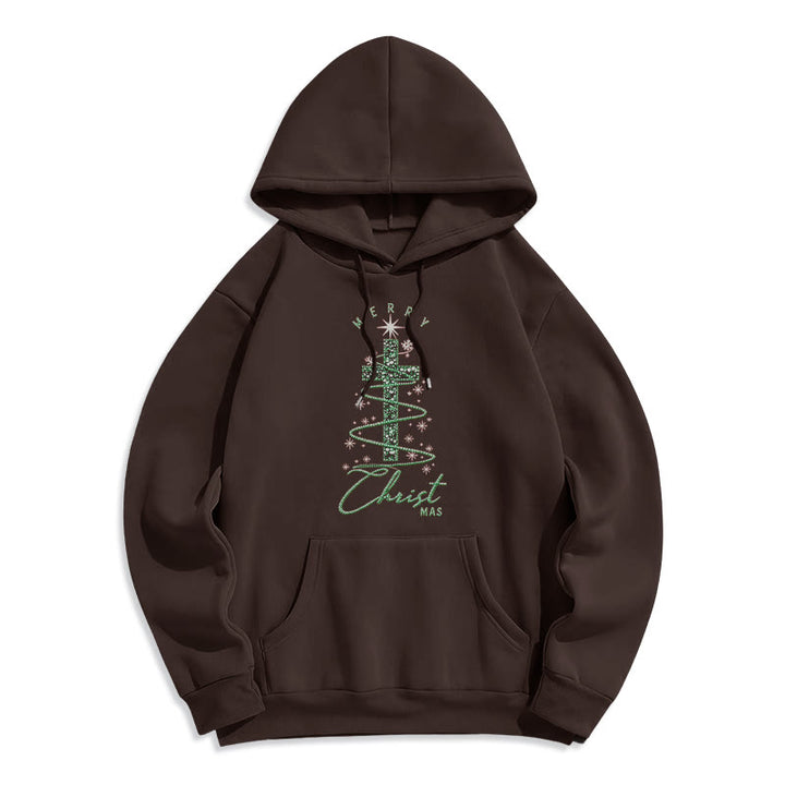 Christianartworkshop Shimmering Cross-Shaped Christmas Tree Fleece Lined Polyester Hoodie - Brown - 2XL - image 0