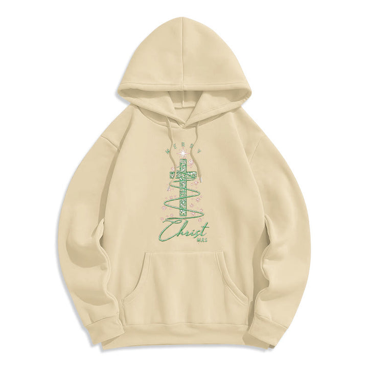 Christianartworkshop Shimmering Cross-Shaped Christmas Tree Fleece Lined Polyester Hoodie - Beige - 2XL - image 5