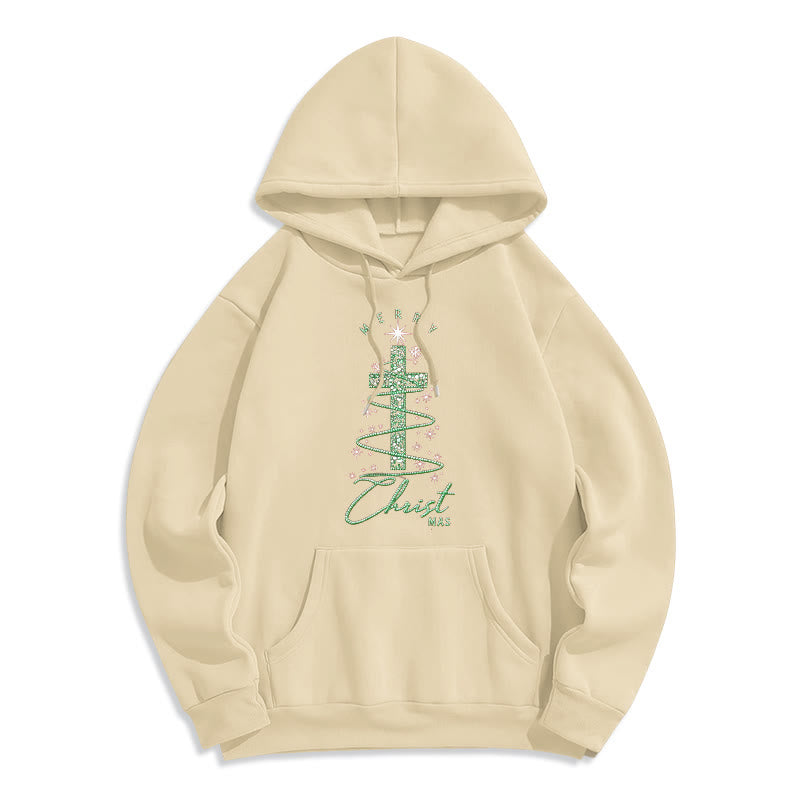 Christianartworkshop Shimmering Cross-Shaped Christmas Tree Fleece Lined Polyester Hoodie - Beige - 2XL - image 5