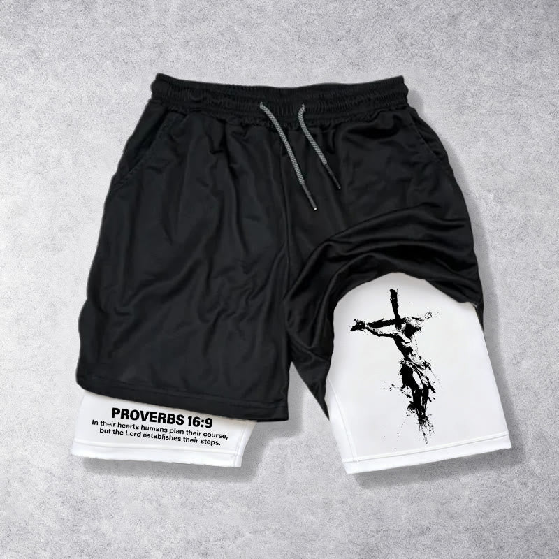 Christianartworkshop Crucifix & Proverbs 16:9 Performance Shorts: Carry Faith in Every Step - 3XL - image 0