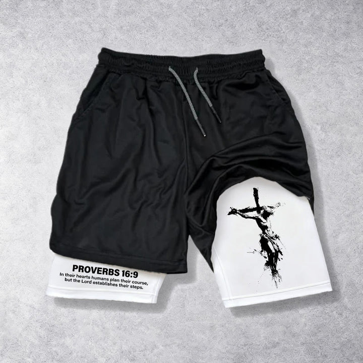 Christianartworkshop Crucifix & Proverbs 16:9 Performance Shorts: Carry Faith in Every Step - 3XL - image 0