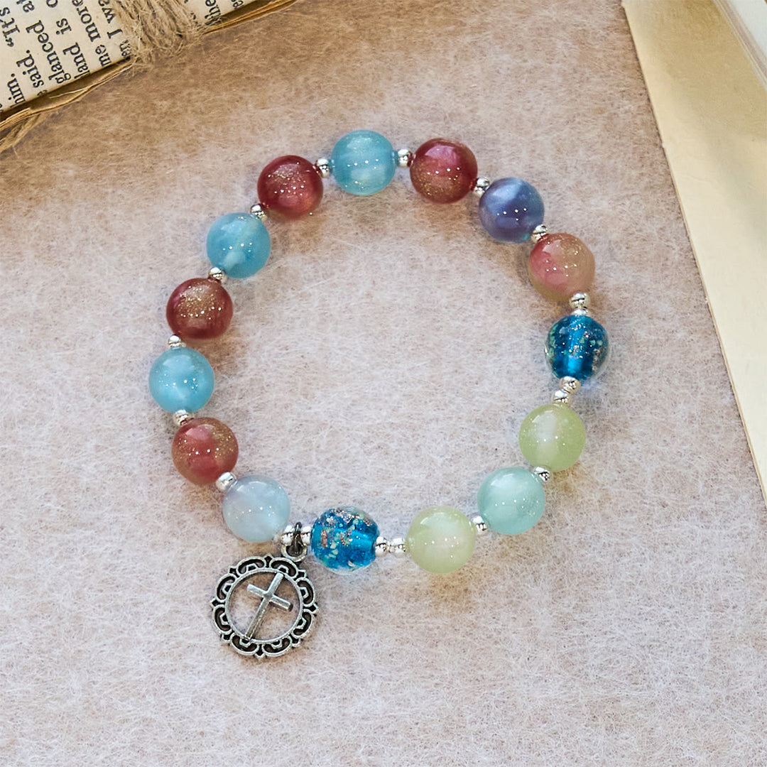 Christianartworkshop UV-Changing Glitter Bead Bracelet with Ornate Cross: Shimmer in Faithful Hues - Wrist Circumference: 7.87''/20cm(adjustable) - image 0