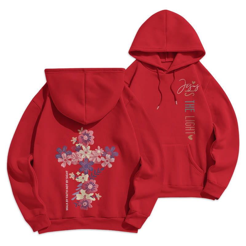 Christianartworkshop Jesus is the Light Floral Cross Faith Fleece Lined Polyester Hoodie - Red - 2XL - image 3