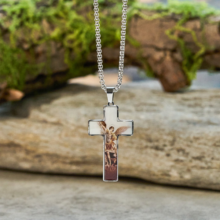 Christianartworkshop Stained-Image Cross Necklace: Artful Faith Close to the Heart - St.Michael - image 0
