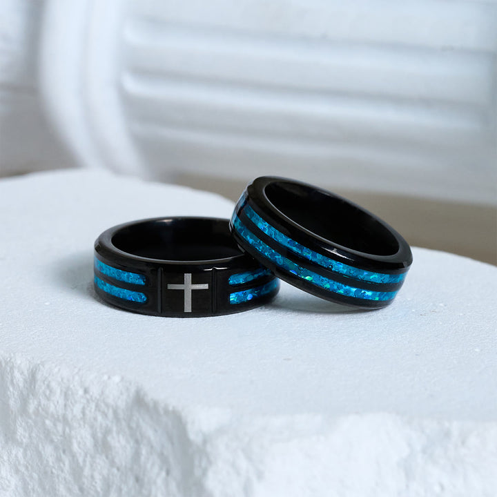 Christianartworkshop Modern Titanium Steel Cross Ring with Laser Blue Inlay: Serenity in Christ's Blue Light - image 6