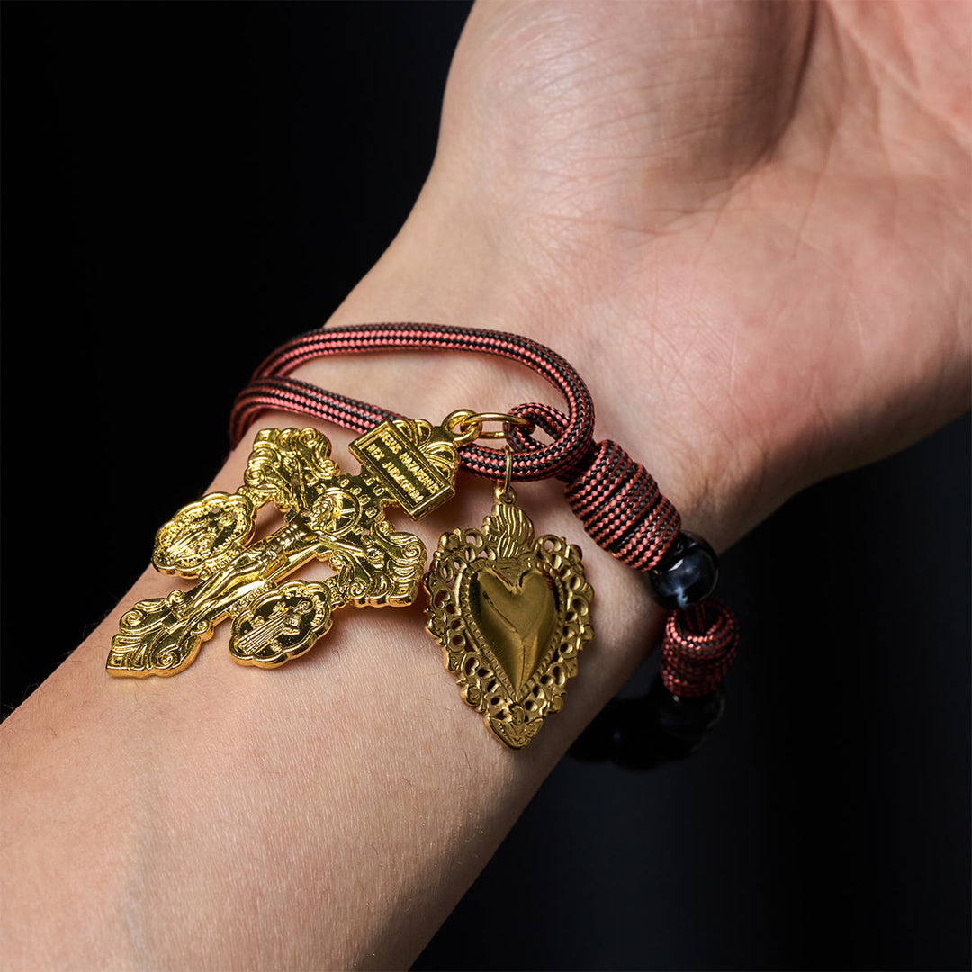 Christianartworkshop Portable Faith Pocket Rosary: Black Beads, Woven Cord & Sacred Gilded Charm - image 1