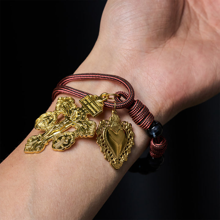 Christianartworkshop Portable Faith Pocket Rosary: Black Beads, Woven Cord & Sacred Gilded Charm - image 1