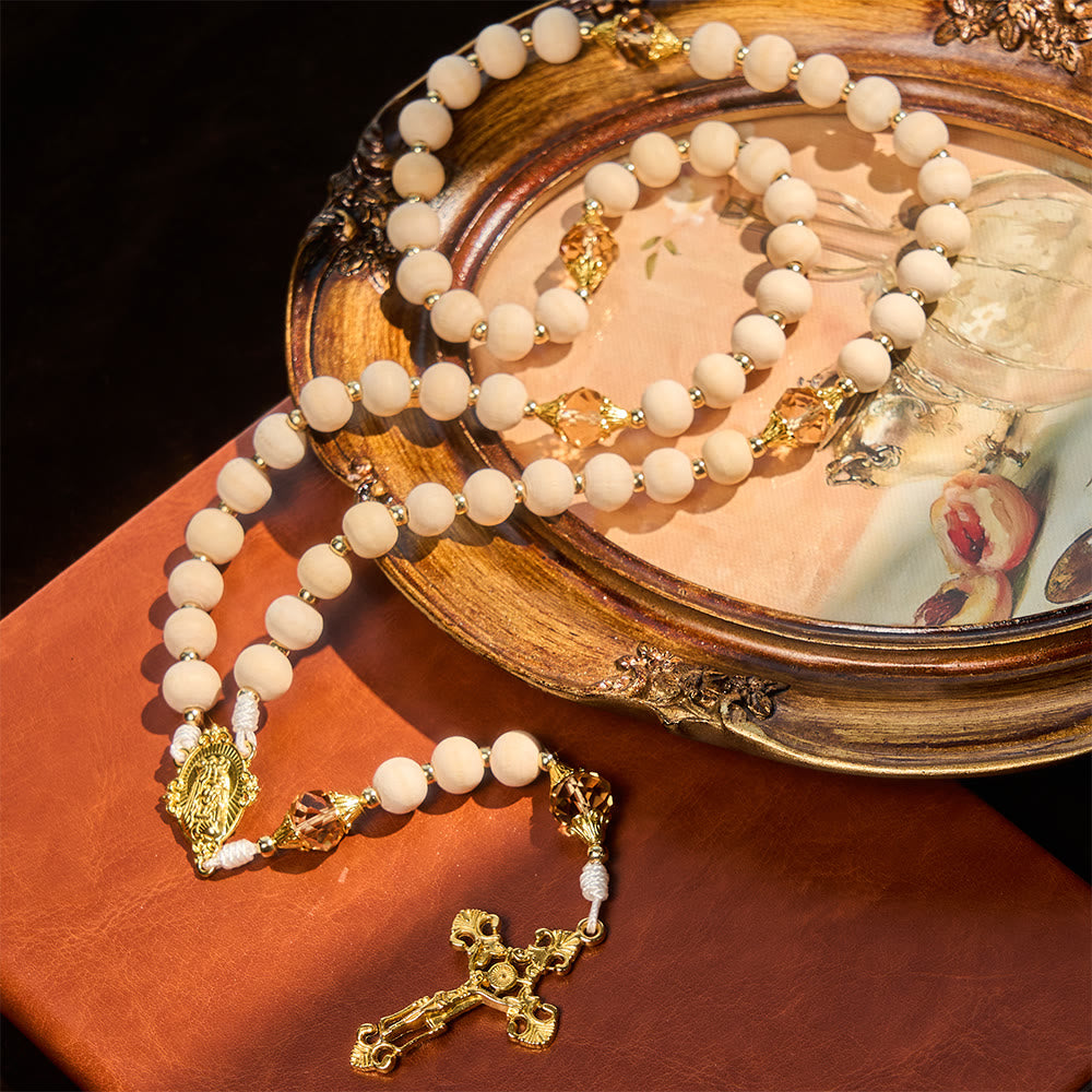 Christianartworkshop White Wood Bead Rosary with Champagne-Tone Accent: Faith & Calm Reminder for Quiet Moments - image 3