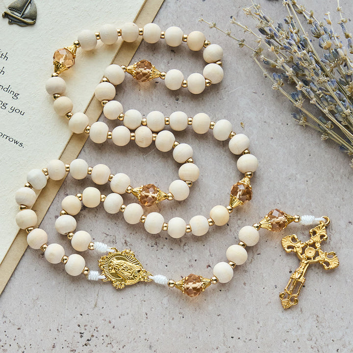 Christianartworkshop White Wood Bead Rosary with Champagne-Tone Accent: Faith & Calm Reminder for Quiet Moments - image 2