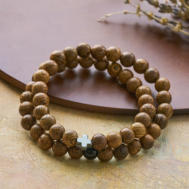 Christianartworkshop Layered Wooden Cross Bracelet: Quiet Devotion for Everyday Moments - Wood Rosary Bracelet - image 0
