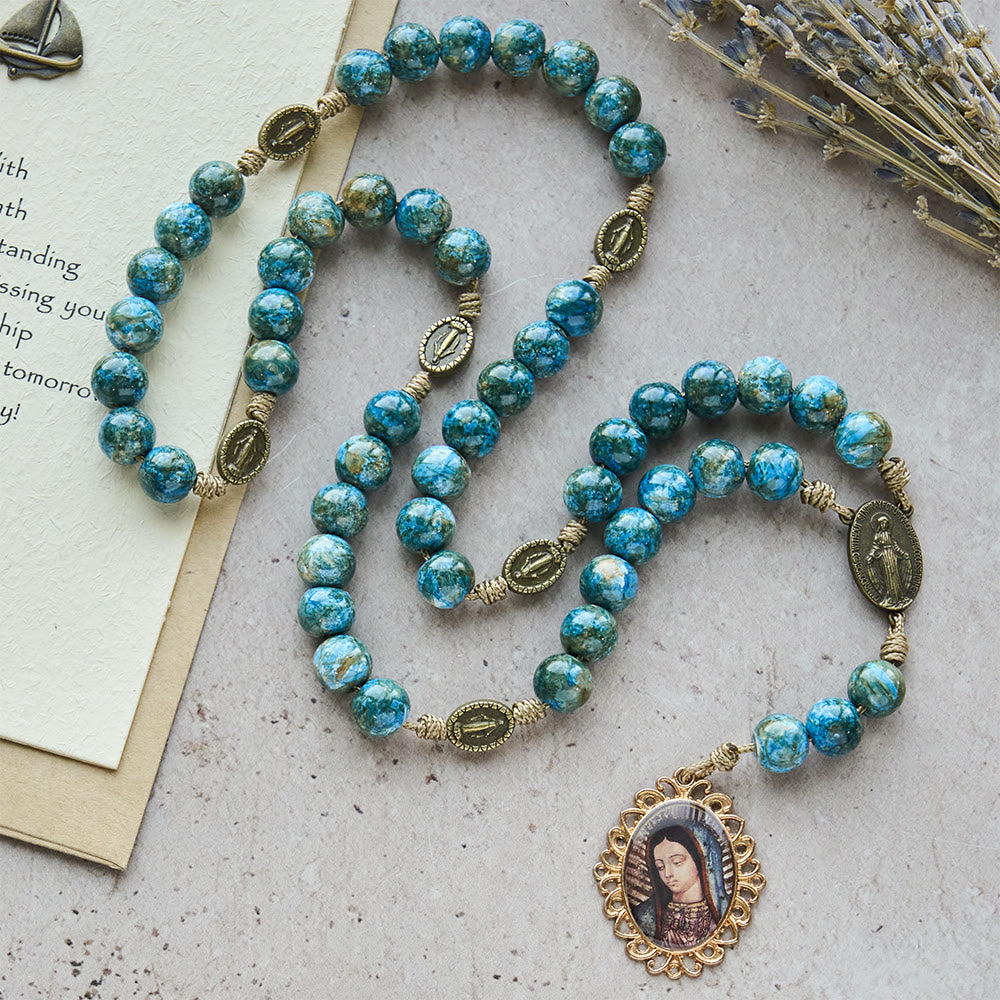 Christianartworkshop Blessed Our Lady Seven Sorrows Rosary with Blue Oil-Paint Beads & Our Lady Medal - image 2