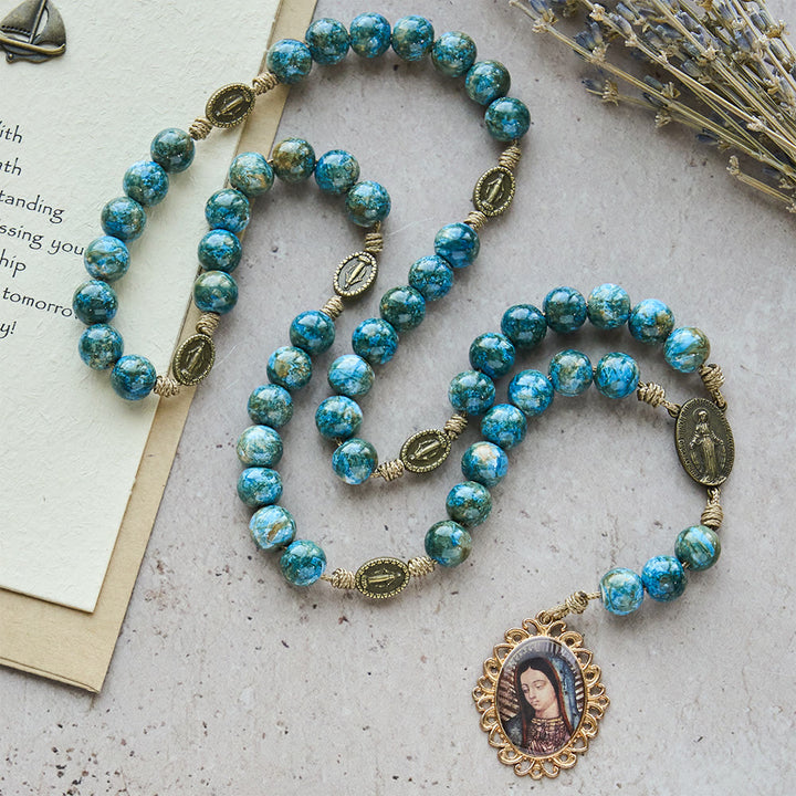 Christianartworkshop Blessed Our Lady Seven Sorrows Rosary with Blue Oil-Paint Beads & Our Lady Medal - image 2