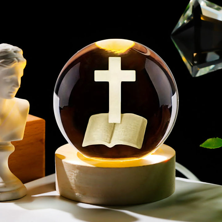 Christianartworkshop Sacred Crystal Ball Nightlight: Luminous Companion of Divine Presence - Book & Cross - with Colorful Light Base - 8cm - image 1
