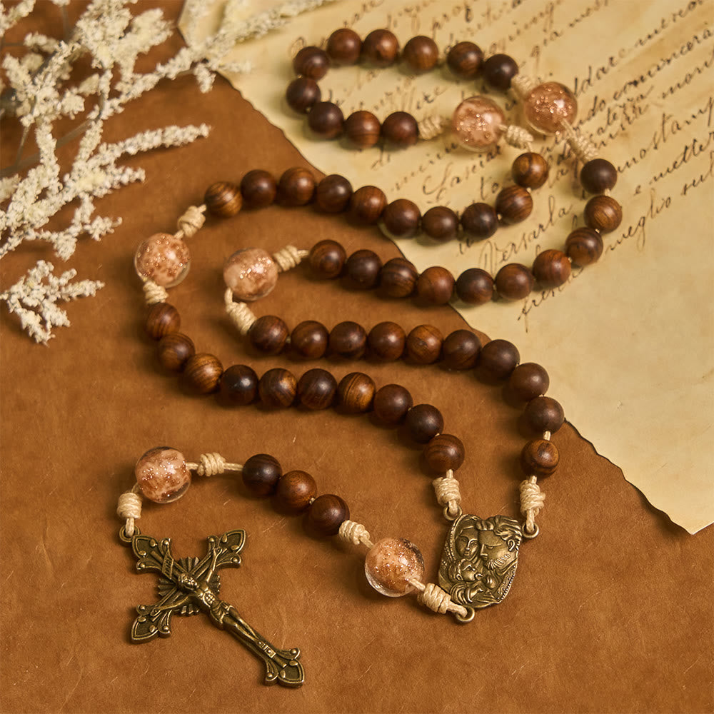 Christianartworkshop Rosewood & Glass Faith Rosary with Holy Family Accent: Serene Companion of Quiet Grace - Holy Family & Crucifix - image 0